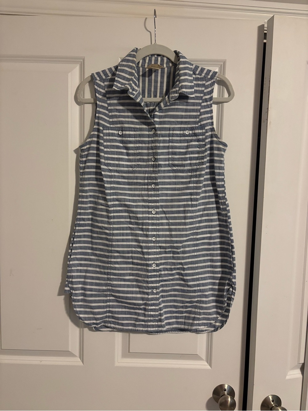 Duluth Trading Co. Blue and White Striped Sleeveless Button-Down Shirt
